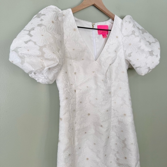 Lilly Pulitzer Citra Embroidered Puff Sleeve Floral Shift Dress White‎ Gold 00 - Picture 7 of 13